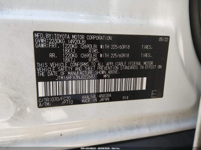 JTM16RFV3NJ022683 Toyota Rav4 Hybrid Se