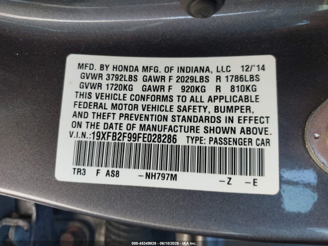 Honda Civic Ex-l 2015 19XFB2F99FE028286 Image 9