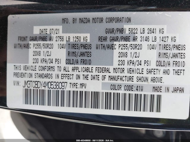 Aukcja sprzedaży 2021 Mazda Cx-9 Grand Touring, vin: JM3TCBDY4M0538097, numer aukcji: 45349950