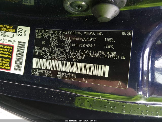 Aukcja sprzedaży 2021 Toyota Sienna Xle, vin: 5TDJSKFCXMS001851, numer aukcji: 45349953