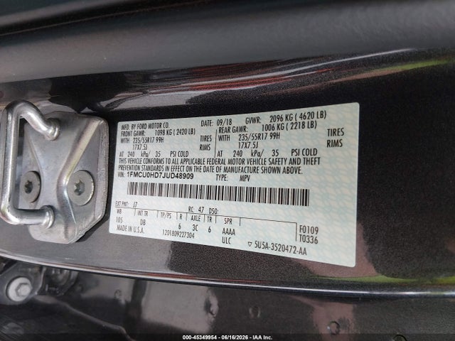 Aukcja sprzedaży 2018 Ford Escape Sel, vin: 1FMCU0HD7JUD48909, numer aukcji: 45349954