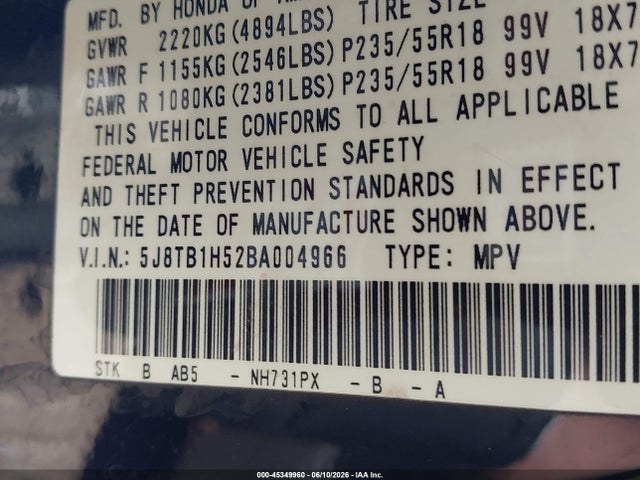 Aukcja sprzedaży 2011 Acura Rdx, vin: 5J8TB1H52BA004966, numer aukcji: 45349960