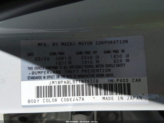 45349985 :رقم المزاد ، JM1BPABL8T1879358 vin ، 2026 Mazda Mazda3 2.5 S Select Sport مزاد بيع