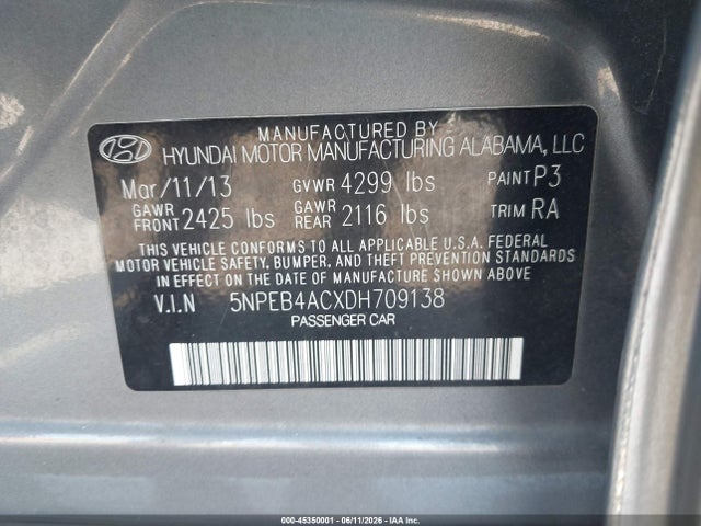 Aukcja sprzedaży 2013 Hyundai Sonata Gls, vin: 5NPEB4ACXDH709138, numer aukcji: 45350001