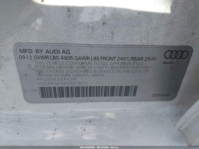 45350005 :رقم المزاد ، WAUFFAFL0DN023073 vin ، 2013 Audi A4 2.0t Premium مزاد بيع