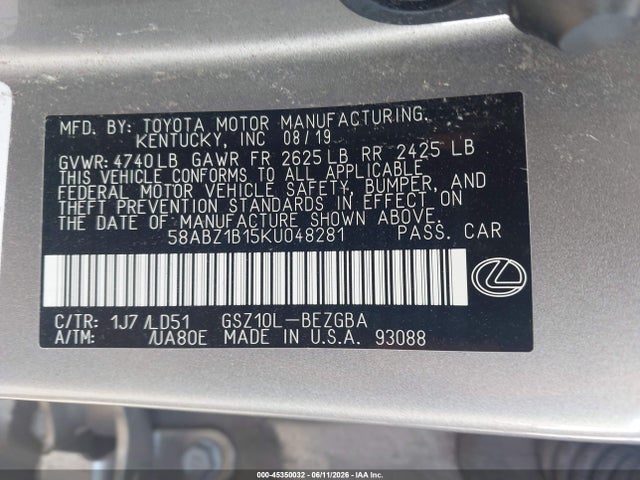 Aukcja sprzedaży 2019 Lexus Es 350, vin: 58ABZ1B15KU048281, numer aukcji: 45350032