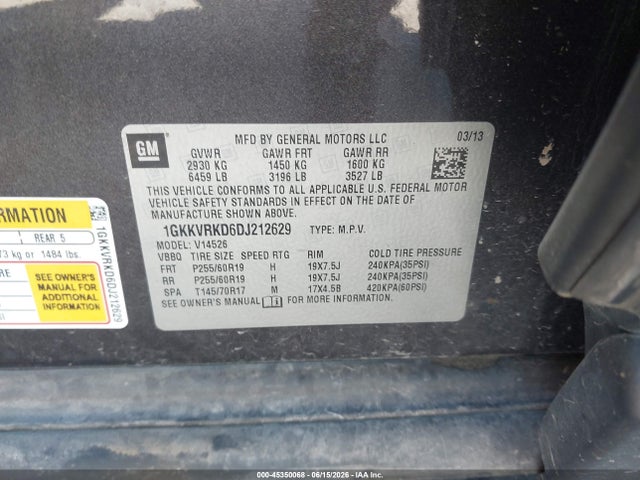 45350068 :رقم المزاد ، 1GKKVRKD6DJ212629 vin ، 2013 Gmc Acadia Slt-1 مزاد بيع