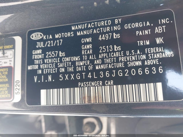 Продаж на аукціоні авто 2018 Kia Optima S, vin: 5XXGT4L36JG206636, номер лоту: 45350069
