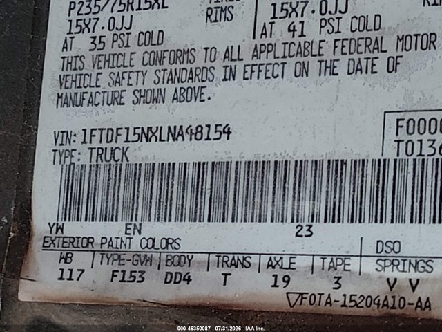 45350087 :رقم المزاد ، 1FTDF15NXLNA48154 vin ، 1990 Ford F150 مزاد بيع
