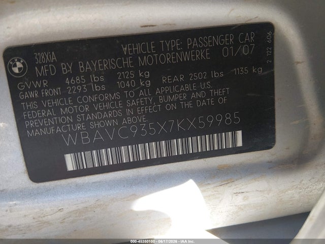 45350100 :رقم المزاد ، WBAVC935X7KX59985 vin ، 2007 Bmw 328xi مزاد بيع