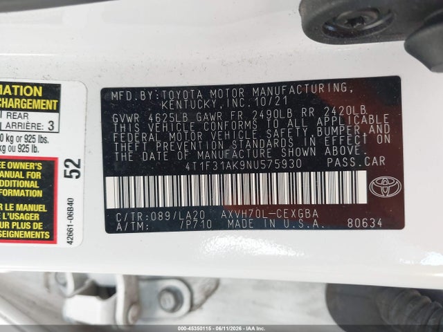 4T1F31AK9NU575930 Toyota Camry Xle Hybrid