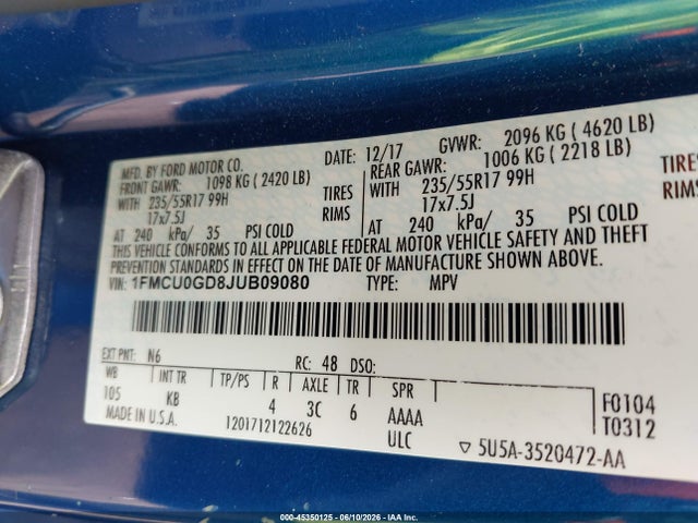 45350125 :رقم المزاد ، 1FMCU0GD8JUB09080 vin ، 2018 Ford Escape Se مزاد بيع