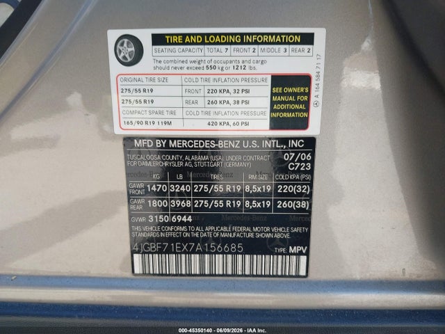 Aukcja sprzedaży 2007 Mercedes-benz Gl 450 4matic, vin: 4JGBF71EX7A156685, numer aukcji: 45350140