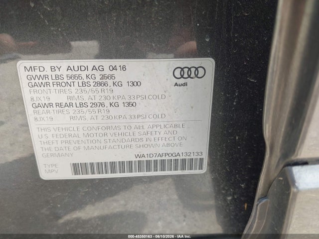 45350163 :رقم المزاد ، WA1D7AFP0GA132133 vin ، 2016 Audi Q5 3.0t Premium Plus مزاد بيع