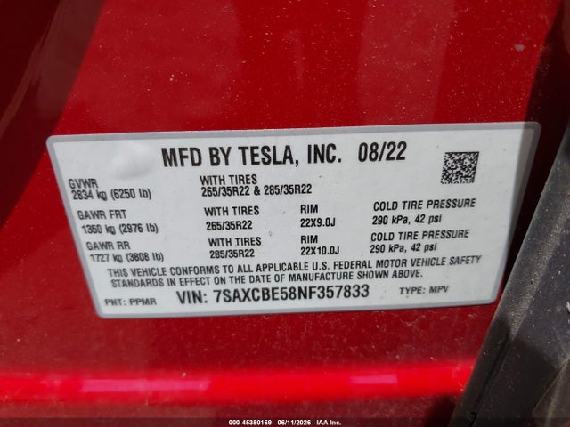 45350169 :رقم المزاد ، 7SAXCBE58NF357833 vin ، 2022 Tesla Model X Dual Motor All-wheel Drive مزاد بيع