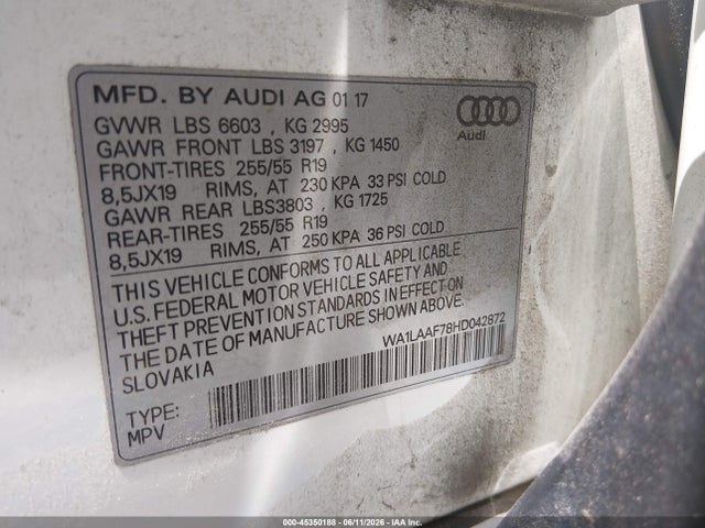 2017 Audi Q7 3.0t Premium მანქანა იყიდება აუქციონზე, vin: WA1LAAF78HD042872, აუქციონის ნომერი: 45350188