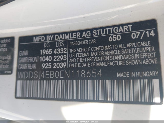 45350194 :رقم المزاد ، WDDSJ4EB0EN118654 vin ، 2014 Mercedes-benz Cla 250 مزاد بيع