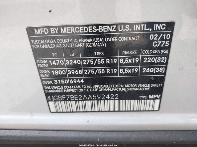 Aukcja sprzedaży 2010 Mercedes-benz Gl 450 4matic, vin: 4JGBF7BE2AA592422, numer aukcji: 45350200