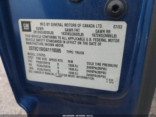 Продажа на аукционе авто 2004 Gmc Sierra 1500 Sle, vin: 2GTEC19V241116585, номер лота: 45350206