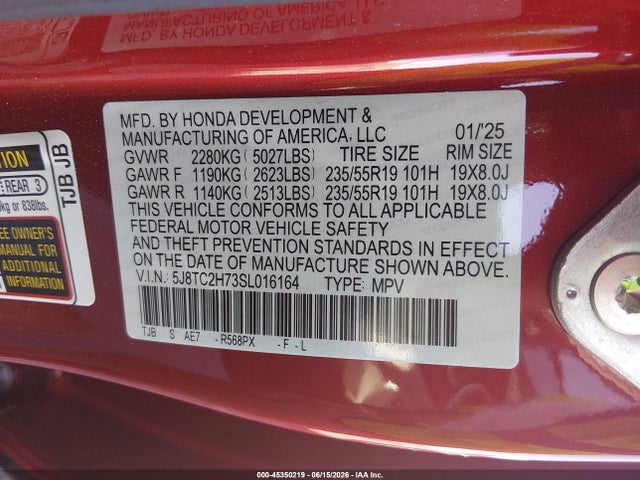 Auction sale of the 2025 Acura Rdx Advance, vin: 5J8TC2H73SL016164, lot number: 45350219