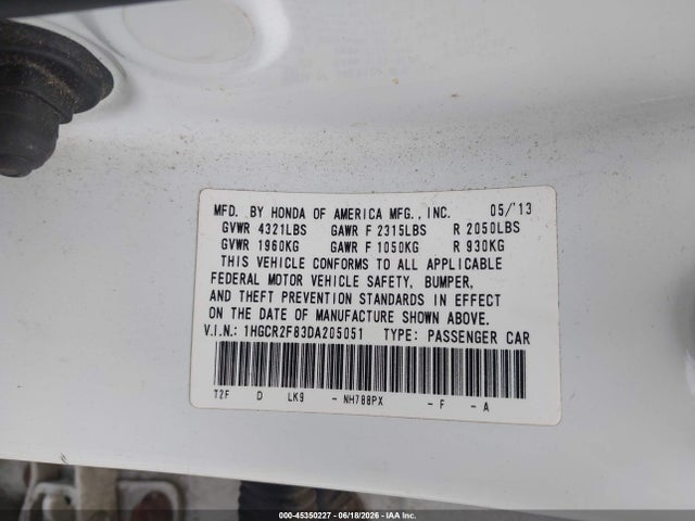 Aukcja sprzedaży 2013 Honda Accord Ex-l, vin: 1HGCR2F83DA205051, numer aukcji: 45350227