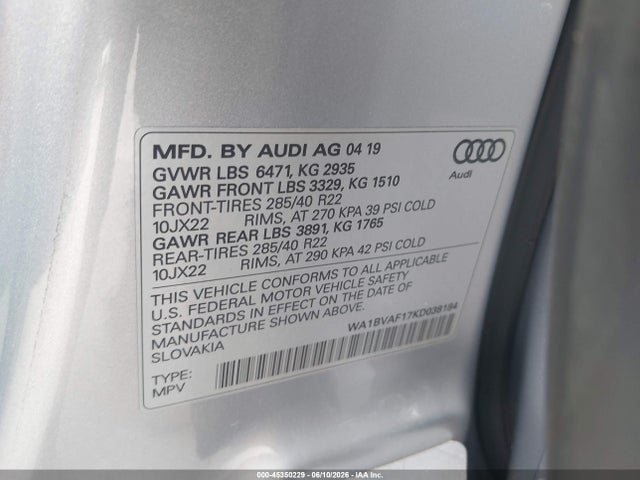 45350229 :رقم المزاد ، WA1BVAF17KD038184 vin ، 2019 Audi Q8 55 Premium مزاد بيع