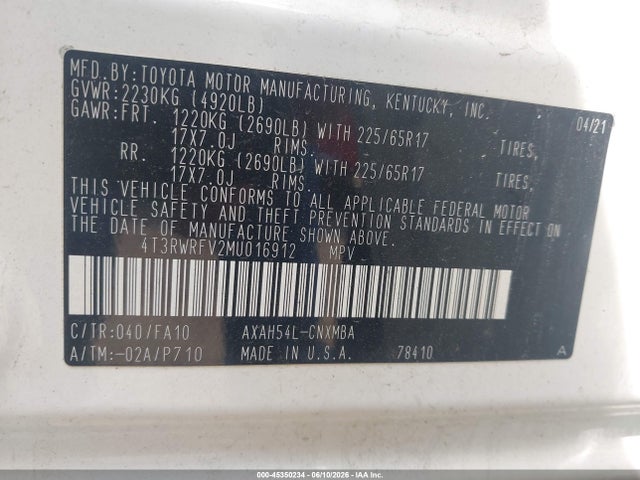 4T3RWRFV2MU016912 Toyota Rav4 Hybrid Xle