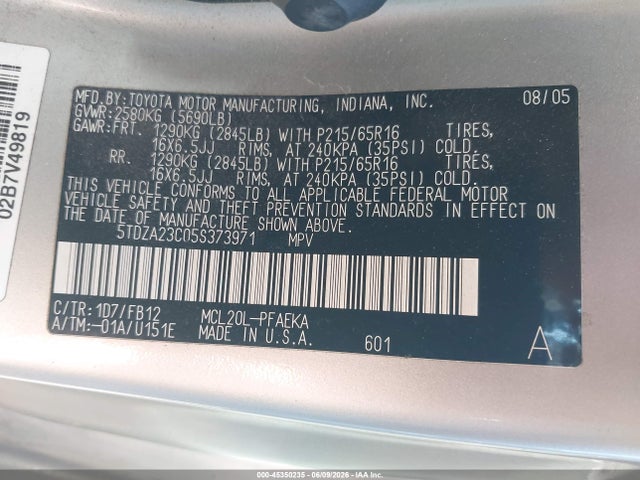 45350235 :رقم المزاد ، 5TDZA23C05S373971 vin ، 2005 Toyota Sienna Le مزاد بيع