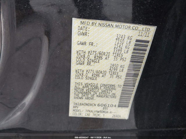 Продаж на аукціоні авто 2012 Nissan Armada Sl, vin: 5N1BA0NDXCN606104, номер лоту: 45350247