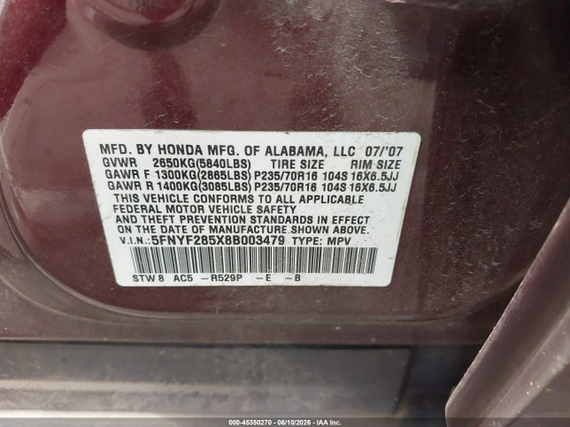45350270 :رقم المزاد ، 5FNYF285X8B003479 vin ، 2008 Honda Pilot Ex-l مزاد بيع