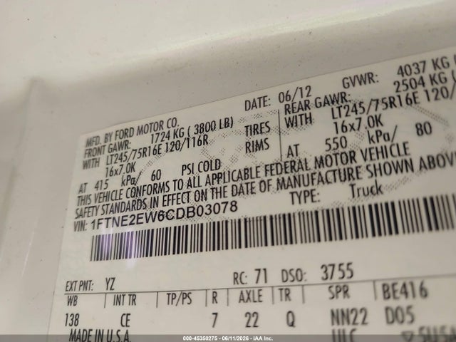 Продажа на аукционе авто 2012 Ford E-250 Commercial, vin: 1FTNE2EW6CDB03078, номер лота: 45350275