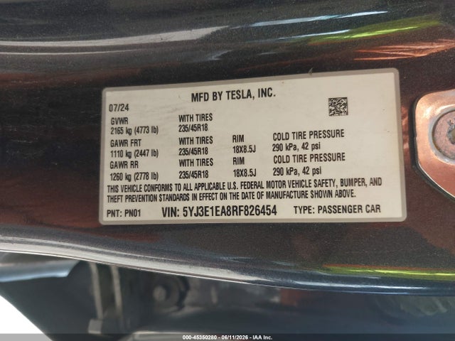 2024 Tesla Model 3 Long Range Dual Motor All-wheel Drive/rear-wheel Drive მანქანა იყიდება აუქციონზე, vin: 5YJ3E1EA8RF826454, აუქციონის ნომერი: 45350280