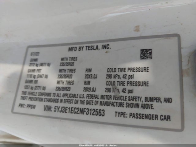 Tesla Model 3 Performance Dual Motor All-wheel Drive 2022 5YJ3E1EC2NF312563 Image 9