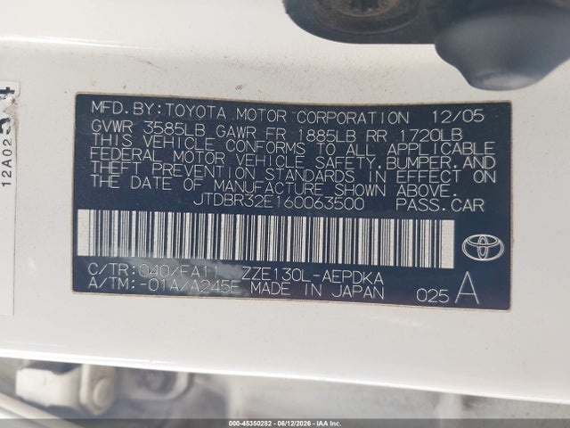 45350282 :رقم المزاد ، JTDBR32E160063500 vin ، 2006 Toyota Corolla Ce مزاد بيع