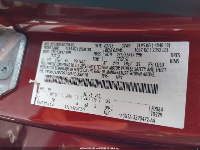Ford ESCAPE SE 2016 1FMCU9G97GUC33818 Image 9