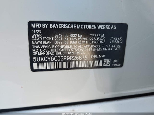 45350326 :رقم المزاد ، 5UXCY6C03P9R26675 vin ، 2023 Bmw X6 Xdrive40i مزاد بيع