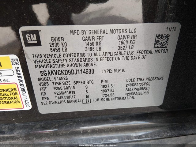 45350330 :رقم المزاد ، 5GAKVCKD9DJ114530 vin ، 2013 Buick Enclave Leather مزاد بيع