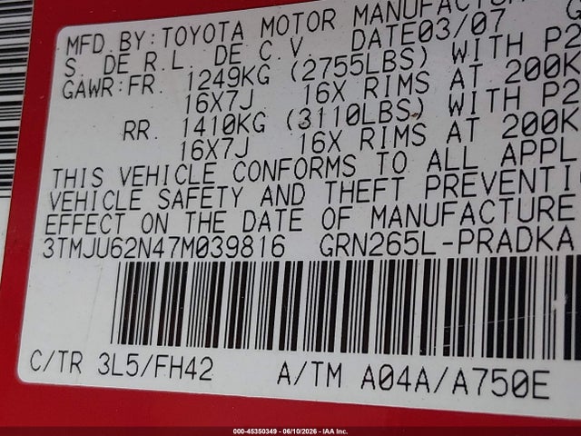 45350349 :رقم المزاد ، 3TMJU62N47M039816 vin ، 2007 Toyota Tacoma Prerunner V6 مزاد بيع
