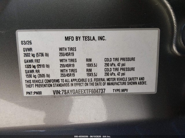 Aukcja sprzedaży 2026 Tesla Model Y All-wheel Drive/long Range Launch Series/premium All-wheel Drive, vin: 7SAYGAEEXTF604737, numer aukcji: 45350350