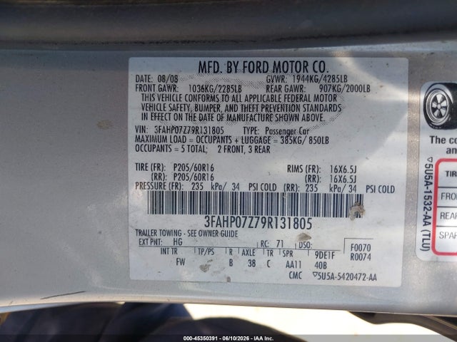 2009 Ford Fusion Se მანქანა იყიდება აუქციონზე, vin: 3FAHP07Z79R131805, აუქციონის ნომერი: 45350391