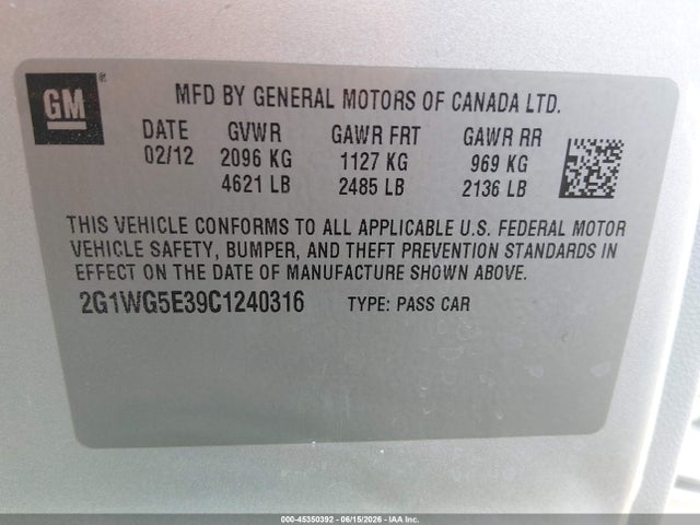 45350392 :رقم المزاد ، 2G1WG5E39C1240316 vin ، 2012 Chevrolet Impala Lt مزاد بيع