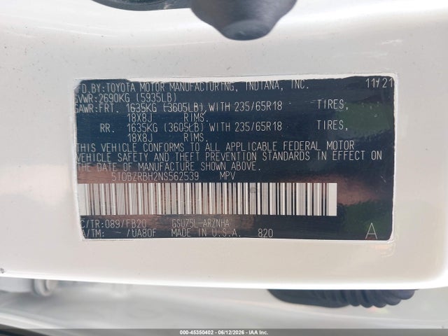 Aukcja sprzedaży 2022 Toyota Highlander Le, vin: 5TDBZRBH2NS562539, numer aukcji: 45350402