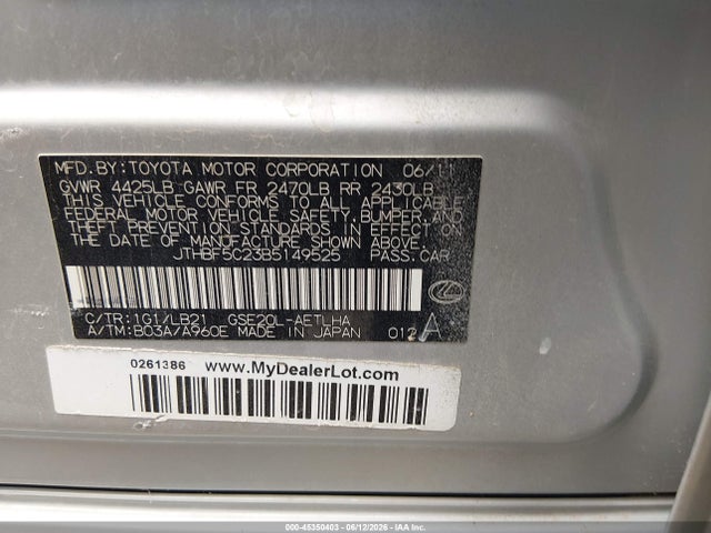 Aukcja sprzedaży 2011 Lexus Is 250, vin: JTHBF5C23B5149525, numer aukcji: 45350403