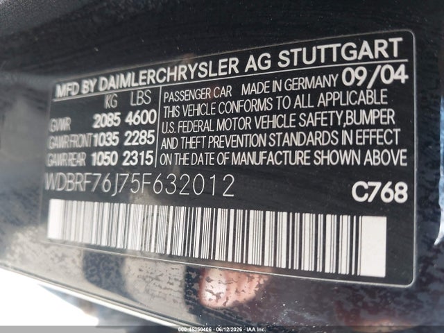 Aukcja sprzedaży 2005 Mercedes-benz C 55 Amg, vin: WDBRF76J75F632012, numer aukcji: 45350406
