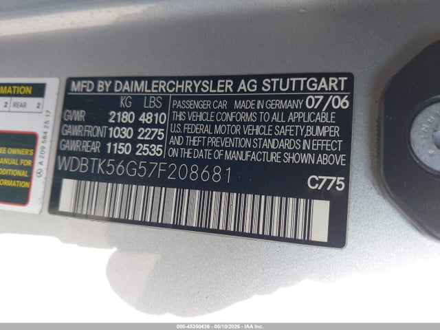 45350436 :رقم المزاد ، WDBTK56G57F208681 vin ، 2007 Mercedes-benz Clk 350 مزاد بيع