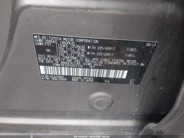 45350447 :رقم المزاد ، JTMBFREV2FD097378 vin ، 2015 Toyota Rav4 Le مزاد بيع