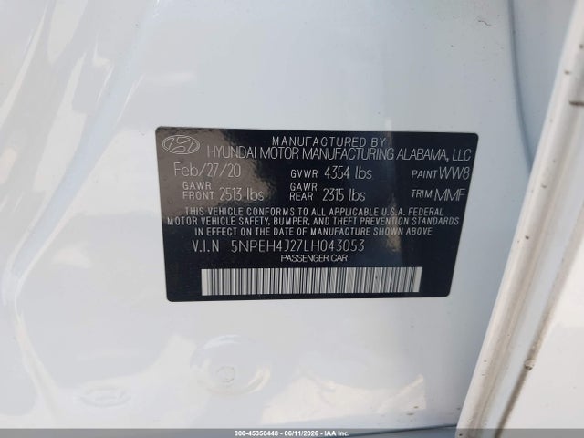 Aukcja sprzedaży 2020 Hyundai Sonata Limited, vin: 5NPEH4J27LH043053, numer aukcji: 45350448