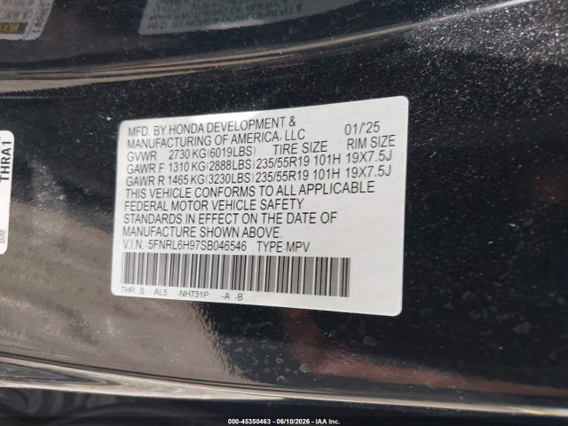 45350463 :رقم المزاد ، 5FNRL6H97SB046546 vin ، 2025 Honda Odyssey Elite مزاد بيع