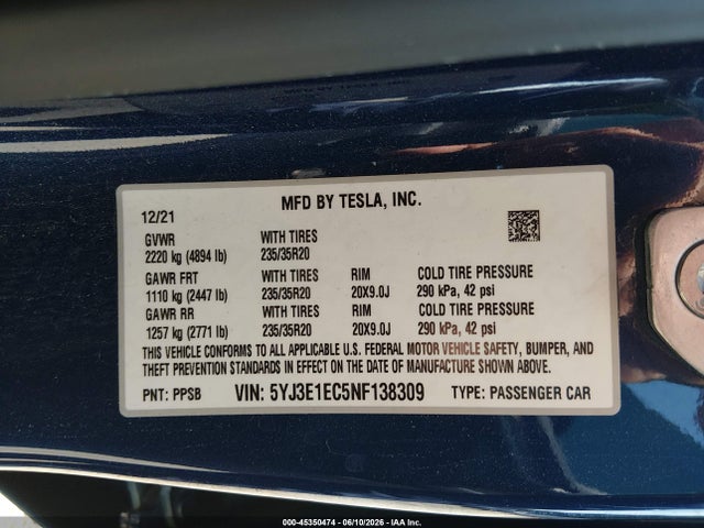 Aukcja sprzedaży 2022 Tesla Model 3 Performance Dual Motor All-wheel Drive, vin: 5YJ3E1EC5NF138309, numer aukcji: 45350474