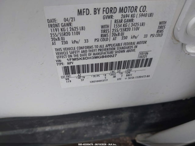 Ford EXPLORER XLT 2021 1FMSK8DH3MGB60027 Image 9